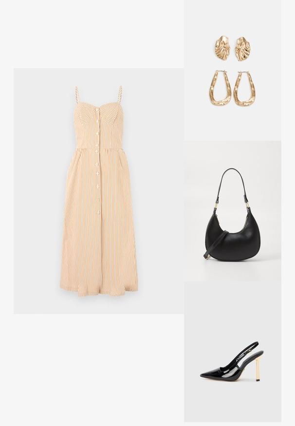 Rochie cu bretele în dungi verticale alb și portocalie deschisă, cu un corset ajustat, închidere cu nasturi și o fustă midi evazată.; Pantofii cu toc înalt din piele patentă neagră, cu vârful ascuțit și accent de toc pătrat în tonuri de aur. Include curea ajustabilă pentru gleznă.; Geantă din piele neagră cu o formă curbată, având un închizător superior cu fermoar, un mânere scurt și o curea de umăr detașabilă. Accente din metal auriu.; Cercei aurii cu forme texturate și ondulate. Include studs sculpturale cu clip și un design de cerc deschis cu un finisaj cioplit.