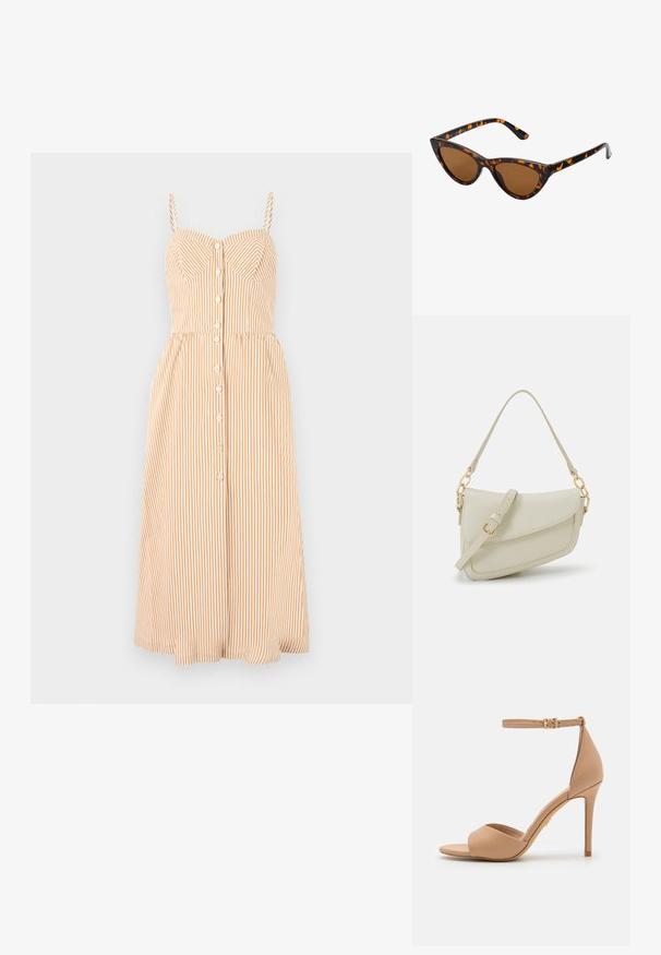 Trägerkleid in hellorange und weißen vertikalen Streifen, mit tailliertem Oberteil, Knopfverschluss und schwingendem Midi-Rock.; ALDO CRERIDE PILLOW WALK - Riemensandalette - beige; Katzenaugen-Sonnenbrille mit einem schwarz-orangenen Schildpattrahmen, braunen Gläsern und schlanken, spitzen Enden. Verfügt über ein minimalistisches Logo am Bügel.; Kleine cremefarbene Handtasche mit strukturiertem Finish, einem langen verstellbaren Tragegurt, einem Kettenakzent und einem Klappenverschluss. Goldene Hardware-Details.