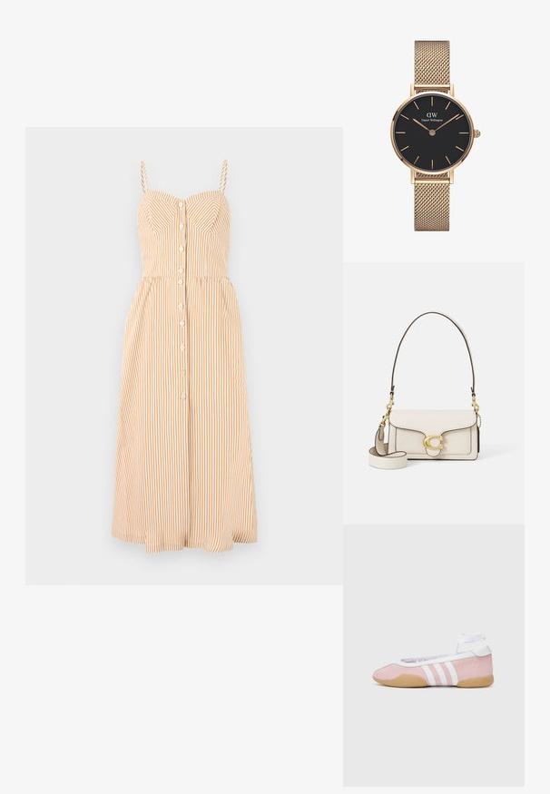 Siksnas kleita gaiši oranžā un baltā vertikālā svītrā, ar pieguļošu augšu, pogu aizdari un izplestu midi svārku.; adidas Originals TAEKWONDO MEI BALLET - Sporta apavi - clear pink/ftwr white/gum; Krēmpiena ādas rokassoma ar strukturētu dizainu, kontrastējošām melnām malām, zelta aparatūru un noņemamu siksnu ar paraksta logotipu.; Zelta acu tīkla joslas pulkstenis no Daniel Wellington, ar apaļu melnu ciparnīcu, zelta stundas marķieriem un logotipu pulksten 12. Vienkāršs, elegants dizains.