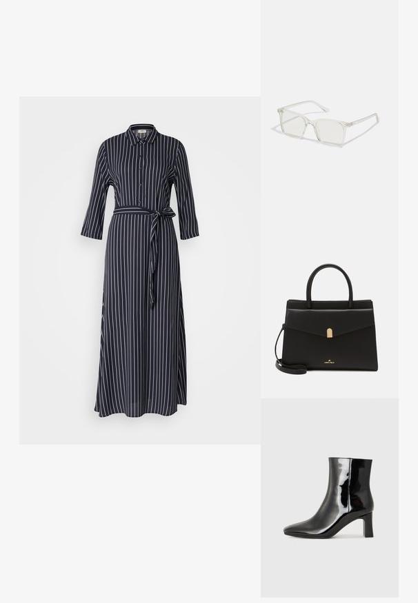 JDY JDYSTARRR LIFE DRESS - Vestido comprido - night sky/sandshell; Botim de tornozelo em pele sintética preta com bico apontado e salto bloco de altura média. Textura suave e design minimalista.; Óculos quadrados de plástico transparente com lentes translúcidas, apresentando detalhes em dourado nas hastes.; Bolsa de couro preta com uma forma estruturada, apresentando um fecho em tom dourado, duas alças e uma alça de ombro ajustável. Logótipo exibido na frente.