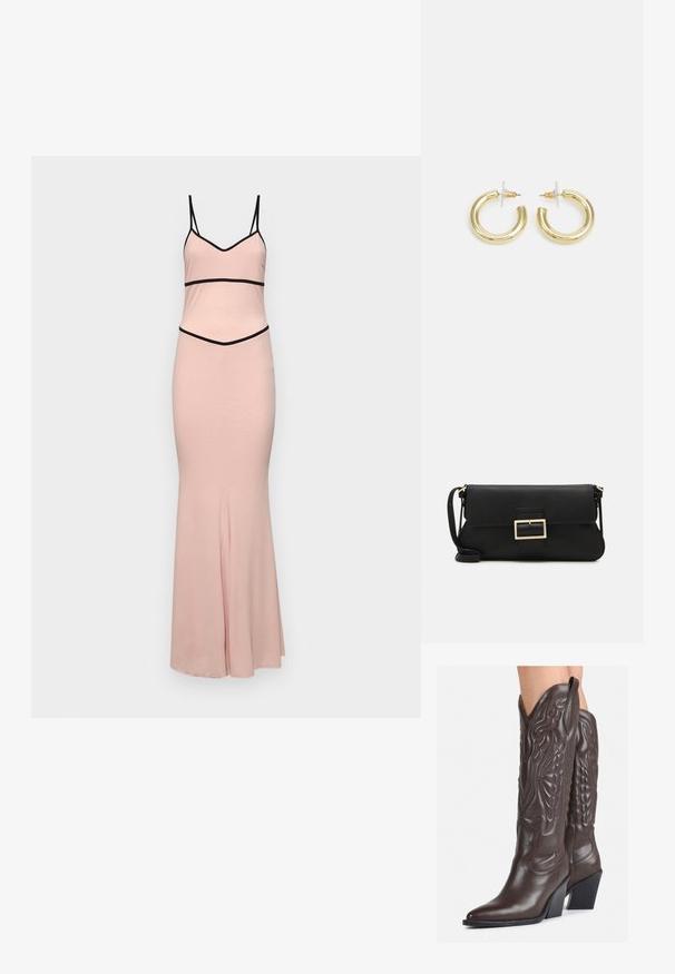 Růžové šaty s tenkými černými ramínky, přiléhavým korzetem a rozšířeným spodním okrajem. Obsahují vodorovné černé akcenty v pase a na výstřihu. Hladká textilie.; Hnědé kožené kovbojské boty s špičatou špičkou a blokovým podpatkem, se zdobným prošíváním a vyvýšenými akcenty na nárazu.; Černá kožená psaníčko s klopou a zlatým kovovým detailním sponou. Součástí je černý popruh a elegantní, minimalistický design.; Zlaté kruhové náušnice s hladkým, lesklým povrchem. Kruhový design s malým kolíčkem a průhledným záznamem pro bezpečné nošení.