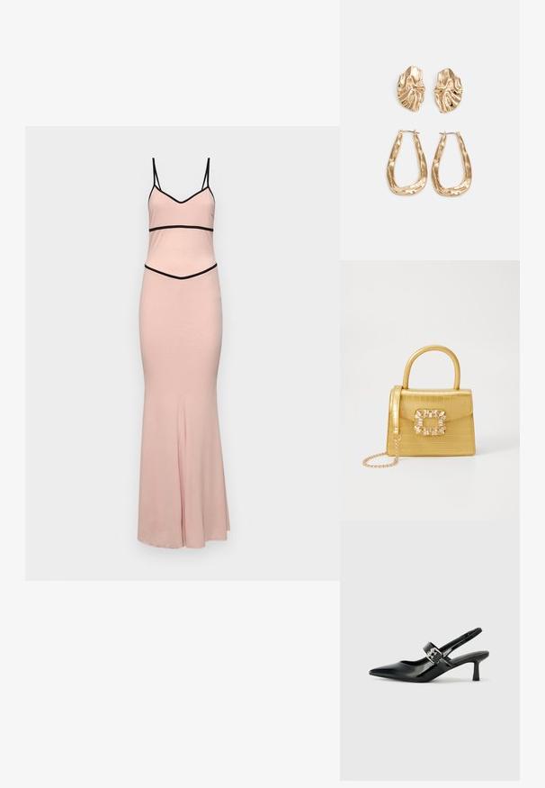 Rózsaszín ruha vékony fekete pántokkal, testhezálló felső résszel és bővülő aljjal. A deréknál és a nyaknál vízszintes fekete díszítések vannak. Sima felület.; Fekete lakkbőr slingback sarkú cipők hegyes orral és kis blokk talppal, ezüst csat díszítéssel a pánton.; Sárga műbőr krokodil mintás kézitáska strukturált kialakítással, felső fogantyúval, leválasztható lánccal és díszes kristály díszítéssel a záron.; Aranyszínű fülbevalók, texturált, hullámos formákkal. Tartalmazza a szobrászati klipszes studokat és az open hoop kialakítást, kalapácsos felülettel.