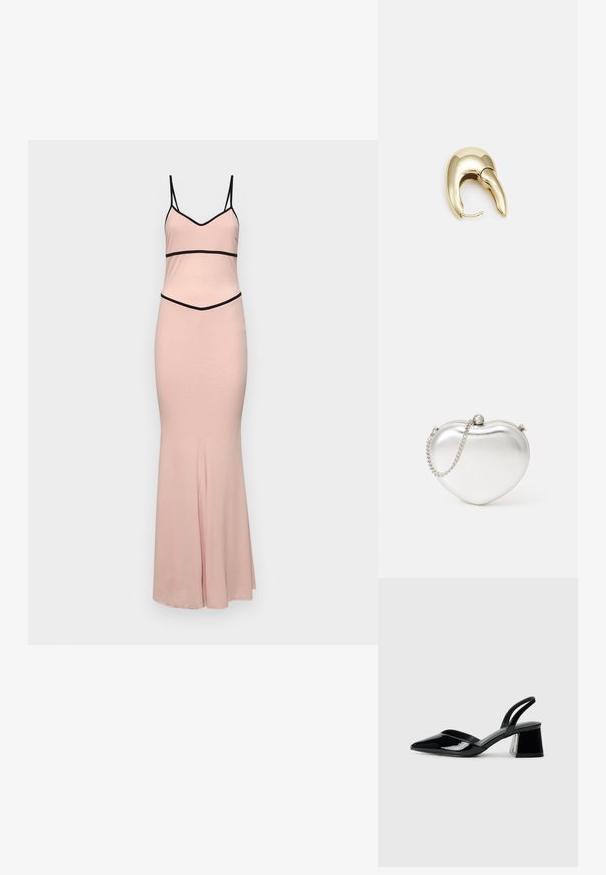 Vestido rosa com alças pretas finas, corpete justo e parte inferior espalhada. Apresenta detalhes horizontais pretos na cintura e na gola. Textura suave.; Sandy em verniz preto com salto slingback, ponta afilada e salto geométrico. Apresenta um design elegante e minimalista com textura suave.; Bolsa de mão metálica prateada em forma de coração, com textura lisa, fecho por pressão e corrente prateada.; Brinco em metal dourado com um design elegante e curvo. Apresenta uma forma pontiaguda distinta, superfície polida e fecho por dobradiça.