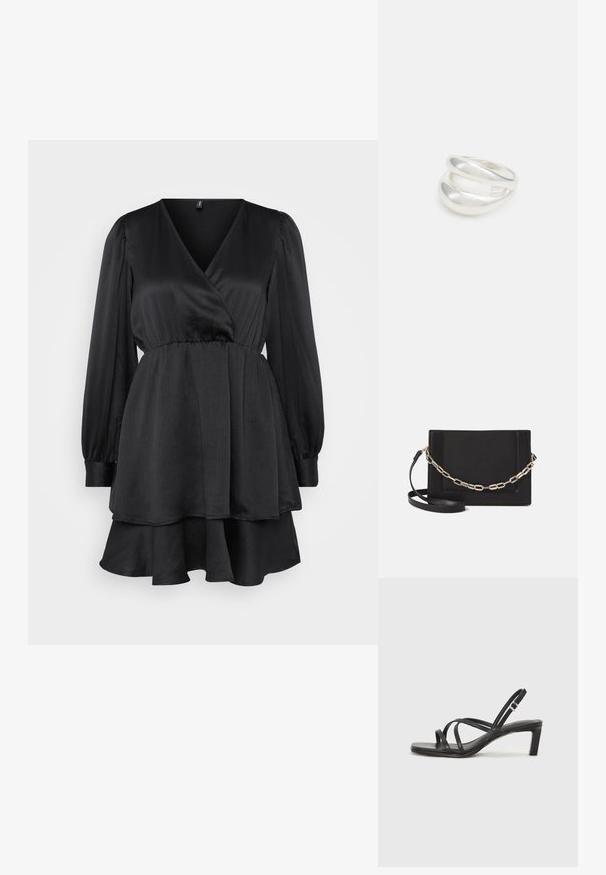 Črna obleka z V-izrezom, dolgimi nabranimi rokavi in z nabranim pasom. Ima večplastni volanasti rob in gladko, sijočo teksturo.; Črne natikače s trakovi in kvadratnim prstom ter nizkim blokastim peto. Imajo več tankih trakov in nastavljiv trak okoli gležnja. Narejene so iz gladkega usnja.; Črna usnjena torba čez ramo z gladko teksturo, pravokotno obliko in kovinskim verižnim detajlom spredaj. Vključena je nastavljiva naramnica.; Srebrn dvojni prstan z gladko, polirano površino. Ima tekoč, ukrivljen dizajn z prekrivajočimi se sekcijami za sodoben videz.