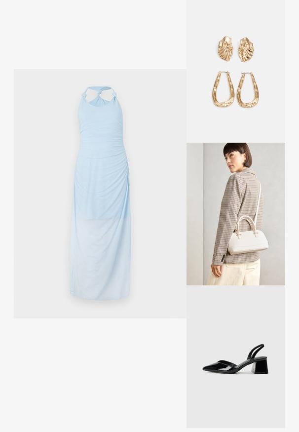 Gaiši zila halter stila kleita ar ručķētu tekstūru, kas aprīkota ar mezglotiem plecu siksnām un garu, plūstošu siluetu.; Melna lakota āda ar atvērto papēdi, ar smailu purngalu un ģeometrisku blokpapēdi. Iezīmējas elegants, minimāls dizains un gluda tekstūra.; Balta strukturēta roku soma ar īsām rokturiem un plecu siksnu, ar zelta aparatūras akcentiem un strukturētu materiālu, izstādīta uz pelēka fona.; Zelta krāsas auskari ar teksturētām, viļņotām formām. Iekļauts skulpturāls piespraužams modelis un atvērta gredzenveida konstrukcija ar izsistām virsmām.