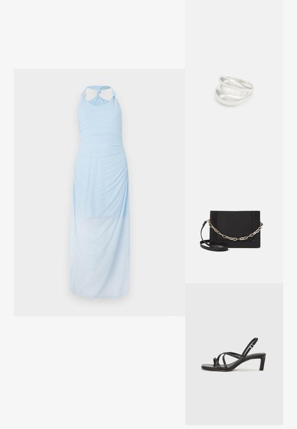 Hele sinine kaela kinnitatud kleit, millel on voltitud tekstuur, knootitud õlasangad ja pikk voolav siluett.; Mustast rihmajalatsid ruudukujulise varba ja madala ploki kontsaga. Omab mitmeid õhukesi rihmasid ja reguleeritavat pahkluu rihma. Valmistatud siledast nahast.; Mustast nahast õlakott, mis omab siledat tekstuuri, ristküliku kuju ning esiküljel metallketi detaili. Reguleeritav rihm on kaasas.; Hõbedane kahekordne rõngas sujuva, poleeritud pinnaga. Omab voolavat, kõverat disaini, millel on kattuvad sektsioonid, et saavutada kaasaegne ilme.