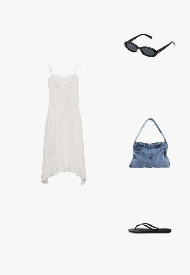 Vit bomullsklänning med justerbara band, sweetheart-urklippning, hålmönster och asymmetrisk fåll. Mjuk textur och flödande design.; Svart flip-flop med en texturerad gummisula, två slanka remmar och en subtil, präglad logodetalj på remmen.; Svarta överdimensionerade solglasögon med ovala linser, slät plastbåge och guldaccent på bågarna. Mörka linser ger solskydd.; Denimaxelväska med en böjd rem, två frampocket och en knäppt topp, med ljusblått tyg och kontrasterande sömdetaljer.