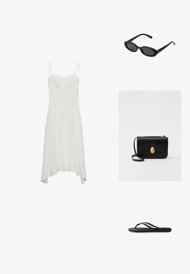 Biela bavlnená šaty s nastaviteľnými ramienkami, láskyplným výstrihom, očkovaným vzorom a asymetrickým lemom. Mäkká textúra a voľný strih.; Čierne žabky s textúrovanou gumovou podrážkou, dvoma štíhlymi popruhmi a diskrétnym embosovaným logom na popruhu.; Čierne oversized slnečné okuliare s oválnymi šošovkami, hladkým plastovým rámom a zlatými akcentmi na straniciach. Tmavé šošovky poskytujú ochranu pred slnkom.; Čierna kožená kabelka so štruktúrovaným obdĺžnikovým tvarom. Obsahuje zlaté oválne zapínanie a tenký ramenný popruh. Hladká textura.
