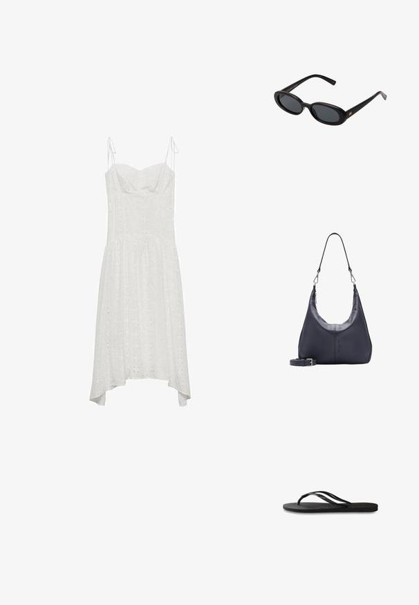 Witte katoenen jurk met verstelbare bandjes, hartvormige halslijn, oogjespatroon en asymmetrische zoom. Zachte textuur en vloeiende ontwerp.; Zwarte flip-flop met een gestructureerde rubberen zool, twee slanke banden en een subtiele, ingedrukte logo-detail op de band.; Zwarte oversized zonnebril met ovale lenzen, een glad plastic montuur en gouden accenten op de pootjes. Donkere lenzen bieden bescherming tegen de zon.; Donkerblauwe leren schoudertas met afneembare schouderband, zilveren sluitingen en subtiele verticale logo-detalering in het midden vooraan.
