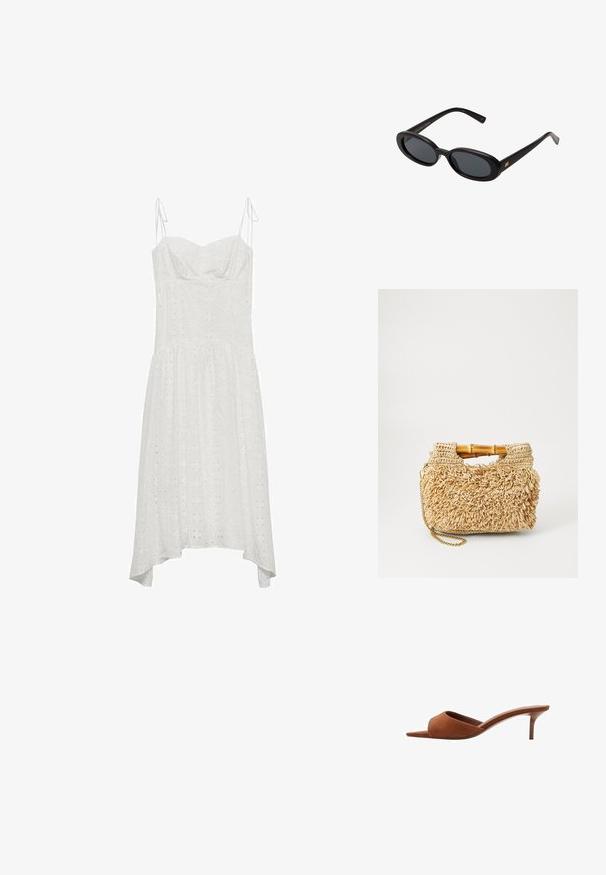 Hvid bomulds kjole med justerbare stropper, sweetheart-halsudskæring, broderet mønster og asymmetrisk kant. Blød tekstur og flydende design.; Brune suede åbne mules med et buet design, der har en lav stiletto hæl og glatte, minimalistiske linjer.; Store store; Vævet strohåndtaske med bambushåndtag, der har et tekstureret fringedesign i naturlig beige og en guldkædesnor.