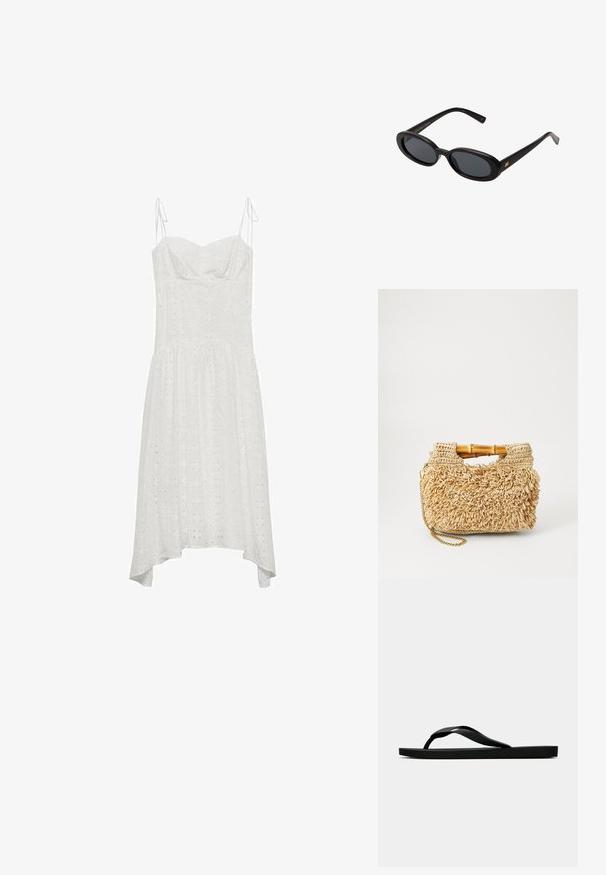 Witte katoenen jurk met verstelbare bandjes, hartvormige halslijn, oogjespatroon en asymmetrische zoom. Zachte textuur en vloeiende ontwerp.; Zwarte rubberen flip-flop sandaal met een getextureerde strap en een eenvoudige platte zool, zijaanzicht op een effen lichte achtergrond.; Zwarte oversized zonnebril met ovale lenzen, een glad plastic montuur en gouden accenten op de pootjes. Donkere lenzen bieden bescherming tegen de zon.; Geweven stro handtas met bamboe handvatten, met een textuur franje ontwerp in natuurlijk beige en een gouden ketting schouderband.