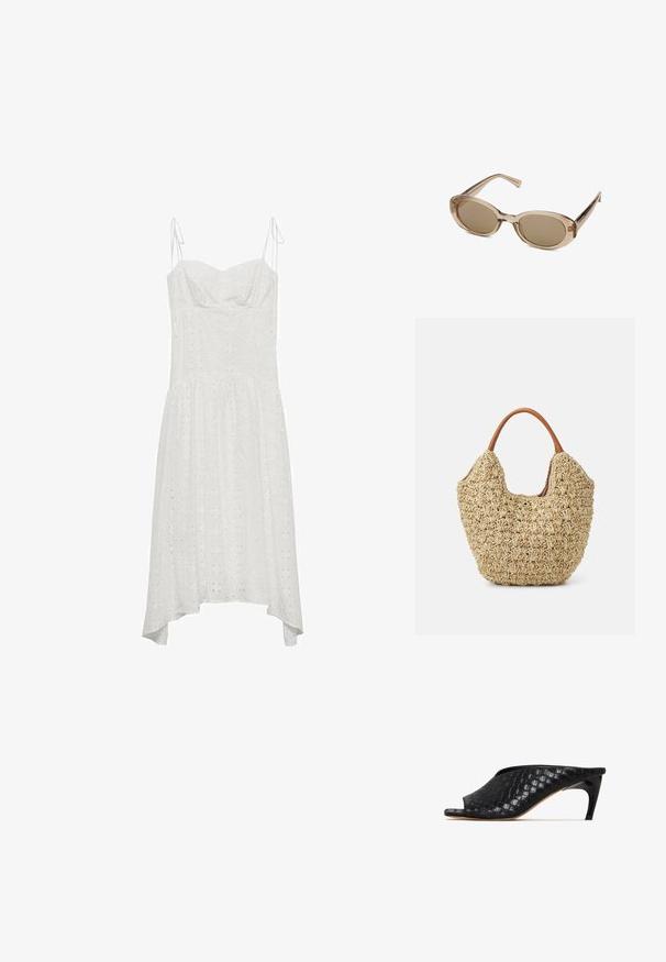 Biała bawełniana sukienka z regulowanymi ramiączkami, dekoltem w kształcie serca, wzorem w oczka i asymetrycznym dołem. Miękka tekstura i zwiewny krój.; Czarne plecione mule z otwartym noskiem i gładką, zakrzywioną szpilką. Materiał ma połyskliwe wykończenie i charakteryzuje się teksturowanym, szachownicowym wzorem.; Okulary przeciwsłoneczne z przezroczystą beżową oprawą, owalnymi soczewkami i smukłymi zausznikami. Posiadają jasnobrązowe przyciemniane soczewki oraz minimalne logo.; Spleciona torba na ramię z trawy o naturalnej teksturze i miękkim, organicznym kształcie, z brązowymi skórzanymi uchwytami do łatwego noszenia.