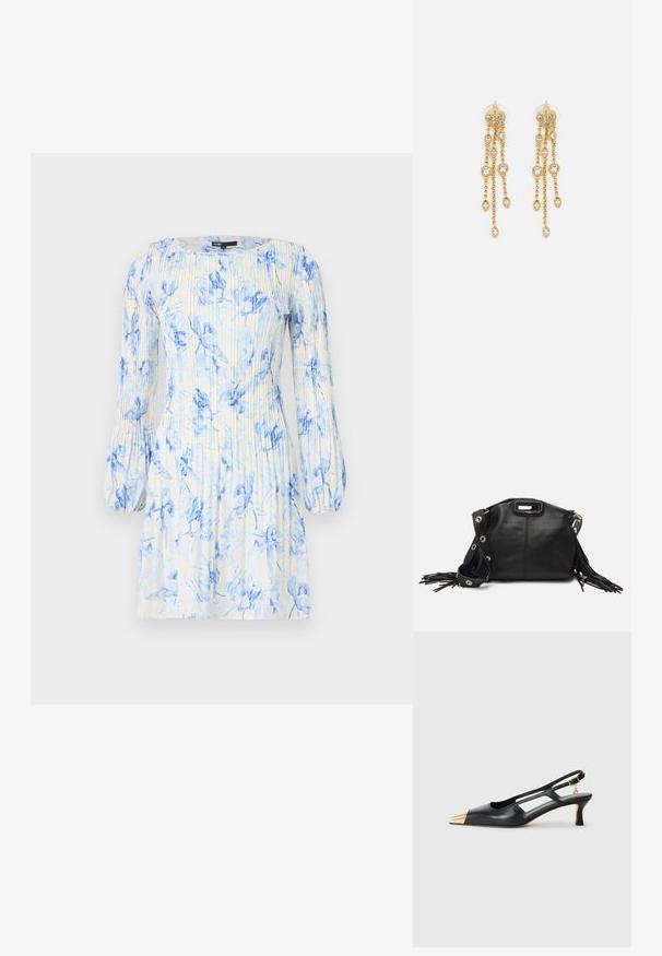 Vestido con estampado floral en tonos azules y blancos, que presenta mangas largas de globo, un escote redondo y pliegues verticales para darle textura.; Zapato de charol negro tipo slingback con punta afilada y punta metálica dorada. Presenta un diseño recortado y un tacón delgado con una correa ajustable.; Maje MISS MINI - Bandolera - noir; Pendientes en tono dorado con múltiples cadenas en cascada, que cuentan con acentos de strass ovalados claros y parte superior decorativa de tachuelas.
