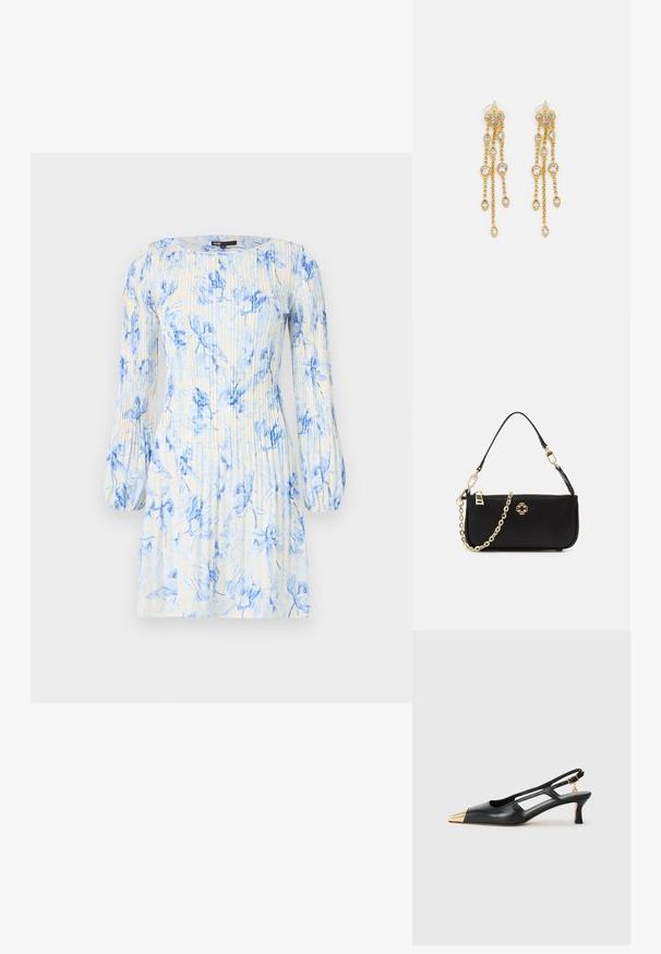 Rochie cu imprimeu floral în nuanțe de albastru și alb, având mâneci lungi tip puff, decolteu rotund și pliuri verticale pentru textură.; Pantofii slingback din piele neagră, cu vârful ascuțit și vârf metalic auriu. Prezintă un design cu decupaje și un toc subțire cu curea ajustabilă.; Geantă de mână neagră cu o textură netedă, având o curea din lanț auriu, închidere cu fermoar și un emblema decorativă aurie pe față.; Cercei aurii cu multiple lanțuri suspendate, având accente din rhinestone ovale clare și capete decorative cu tighel.