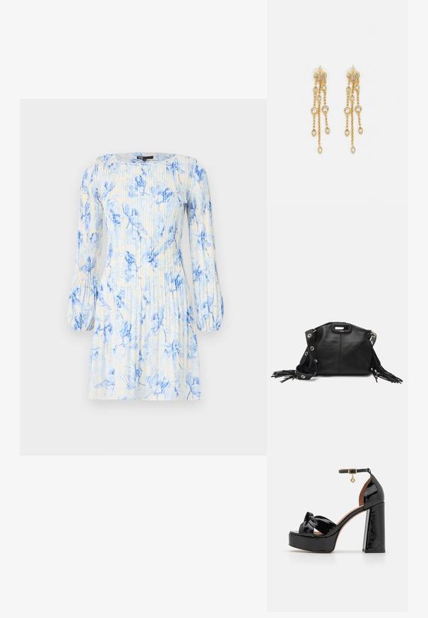 Lillelillelise printiga kleit sinise ja valge värviga, pikkade puhvusvarrukatega, ümar kaelus ja vertikaalsed pleedid tekstuuri loomiseks.; Maje Kõrge kontsaga sandaalid - noir; Maje MISS MINI - Ülerinna-kott - noir; Kuldne tooni kõrvarõngad mitme voolava ahelaga, millel on selged ovaalsed rhinestone aktsendid ja dekoratiivsed stud-tippud.
