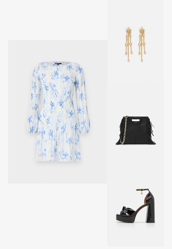 Blumendruckkleid in Blau- und Weißtönen, mit langen Puffärmeln, einem runden Ausschnitt und vertikalen Falten für zusätzliche Textur.; Maje High Heel Sandalette - noir; Schwarze Lederhandtasche mit Fransen-Details, goldener Ketten-Schulterriemen und einem ausgeschnittenen Griff. Mit Logoplatzierung auf der Vorderseite.; Goldtonige Ohrringe mit mehreren kaskadierenden Ketten, verziert mit klaren ovalen Strasssteinen und dekorativen Ohrsteckern.