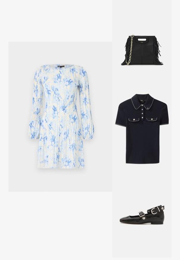 Cvetna obleka v modri in beli barvi, z dolgimi napihnjenimi rokavi, okroglim izrezom in vertikalnimi naborki za teksturo.; Mornarska polo majica z ribanim vzorcem, ki ima ostro ovratnik, kratke rokave in dve sprednji žepni z gumbom na pritisk; poudarjena z belimi šivnimi detajli.; Črne lakaste balerinke s kvadratnim prstom, trakovi okrog gležnja z zlatimi dodatki in ravnim podplatom. Gladka tekstura z minimalističnim dizajnom.; Črna usnjena ročna torba z detajli fringa, zlatim verigo za rame in izrezanim ročajem. Na sprednji strani je nameščen logotip.