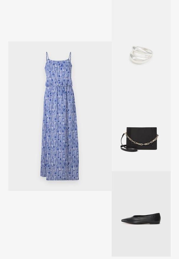 Maxi sukienka z cienkimi ramiączkami, wykonana z niebieskiej tkaniny ozdobionej białymi abstrakcyjnymi wzorami w zawirowaniach. Elastyczna talia tworzy efekt marszczenia.; Czarne baleriny z lakierowanej skóry, spiczasty nosek, minimalistyczny design, gładka faktura, niskie obcasy, bez widocznych elementów metalowych czy ozdób.; Czarna skórzana torebka typu crossbody z gładką teksturą, prostokątnym kształtem oraz metalowym detalem w postaci łańcuszka z przodu. W zestawie regulowany pasek.; Srebrna obrączka podwójna z gładką, polerowaną powierzchnią. Posiada płynny, zakrzywiony kształt z nakładającymi się sekcjami, co nadaje nowoczesny wygląd.