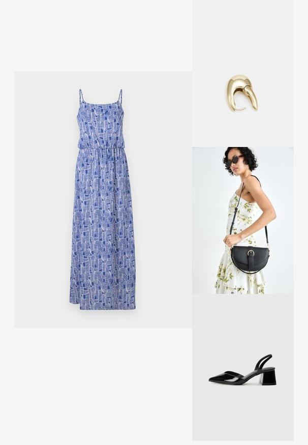 Maxi ruha vékony pántokkal, kék anyagból készült, fehér absztrakt örvénylő mintákkal díszítve. Rugalmas derék része gyűrt hatást kelt.; Fekete lakk bőr szandálkés magas sarkú cipő, hegyes orral és geometrikus tömbsarkakkal. Karcsú, minimalista dizájn és sima textúra jellemzi.; Fekete bőrtáska ívelt formával, levehető pánttal és arany színű fémrészekkel. A táskán egy csattal díszített fedél található.; Aranyszínű fém fülbevaló, elegáns, ívelt formával. Különleges hegyes alak, fényes felszín és zsanéros záródás jellemzi.