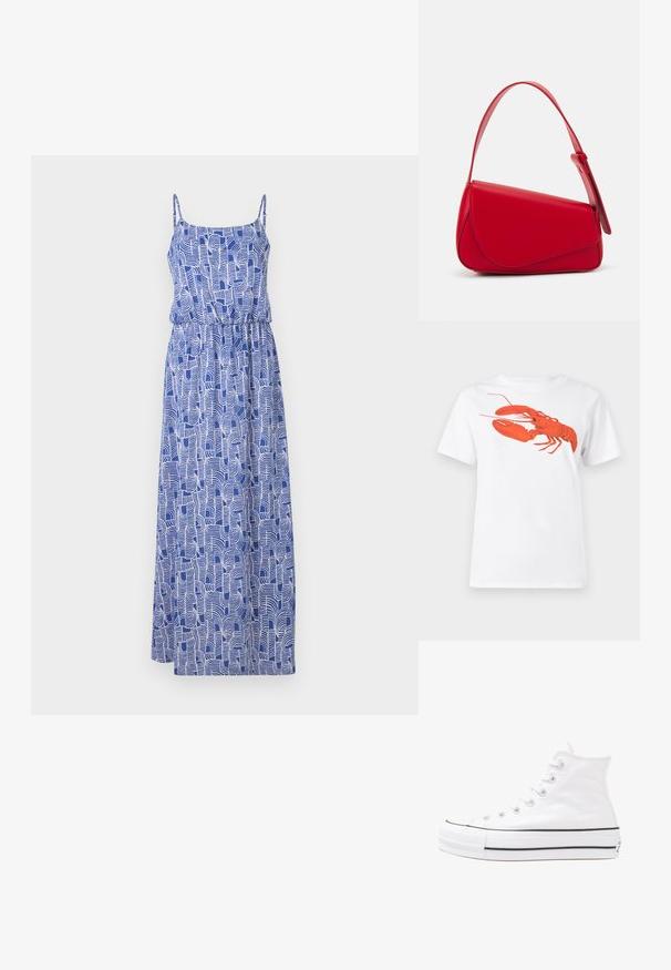 Maxi ruha vékony pántokkal, kék anyagból készült, fehér absztrakt örvénylő mintákkal díszítve. Rugalmas derék része gyűrt hatást kelt.; Fehér pamut póló, amelyen elöl egy nagy, élénkpiros homár grafika látható. Rövid ujjú és standard környakú kialakítás.; Fehér magaskorsó vászon sportcipő fekete gumi talppal, elülső gumi orrnyereggel és hat fűzőlyukkal, letisztult, minimalista dizájnnal.; Piros bőr kézitáska szögletes, geometrikus kialakítással. Egy állítható pánttal és varrott részletekkel ellátott fedélzárral rendelkezik.