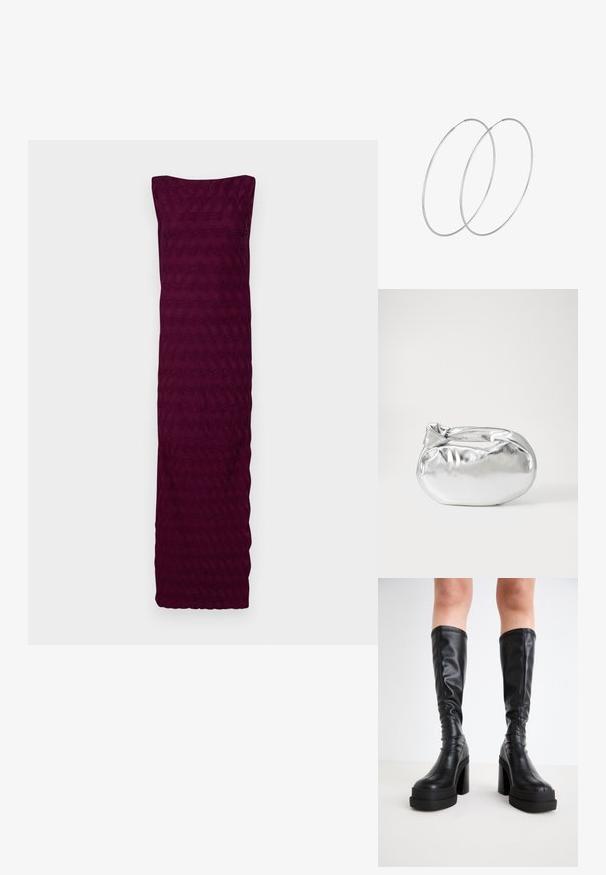 Burgundi spalvos suknelė, pagaminta iš tekstūrinio audinio su banguotu raštu, be petnešų dizainu ir tiesiu apvadu apačioje.; Juodos iki kelių aukštos botai, pagaminti iš lygaus odos, su storu platformos dugnu ir blokuotu kulnu, su siūlėmis palei kraštus.; Sidabrinė metalinė maišelio forma su švelnia, apvalia forma ir mazgu užveriamu viršumi. Pagaminta iš lygios dirbtinės odos medžiagos.; Sidabrinės pusmėnulio auskarai minimalistiniu dizainu. Apskritimo forma, lygus paviršius ir plonas profilis. Lengvi su poliruotu apdailu.