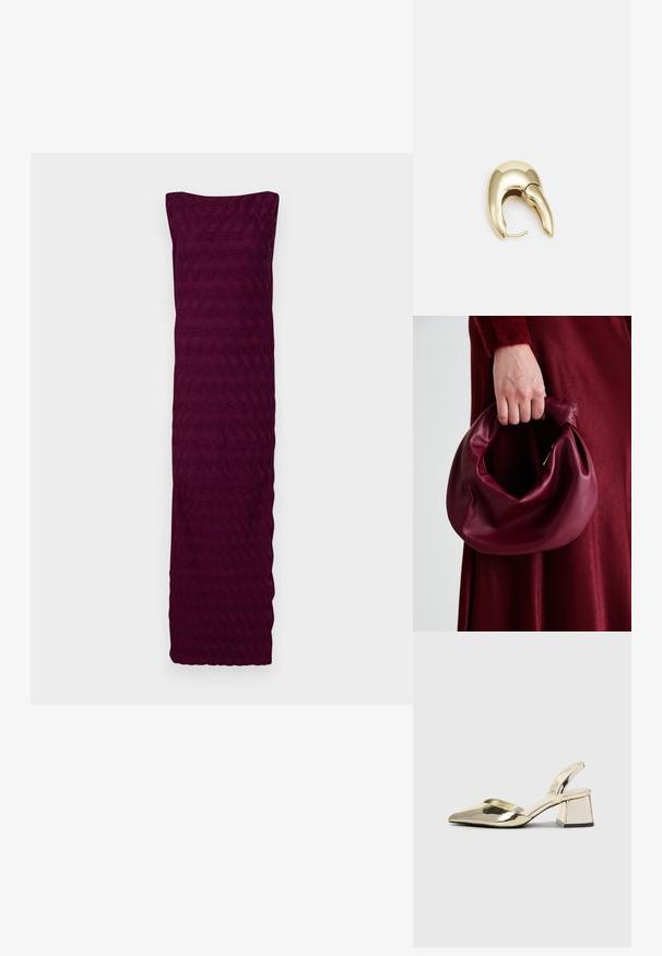 Burgundijas krāsas kleita no teksturēta auduma ar viļņainu rakstu, ar bezsatu dizainu un taisnu apakšmalu.; Zeltaini, metāla kurpes ar siksniņām, norakans purngalis un masīla papēdis. Gluda tekstūra, minimālisma dizains un šaura siksna.; Burgundijas ādas rokassoma ar mīkstu, sakrautu dizainu un apaļu formu. Rokturi ir nostiprināti, parādot gludu tekstūru.; Zeltīti metāla auskari ar gludu, izliekta dizaina. Ar atšķirīgu smailu formu, pulētu virsmu un eņģu aizdari.