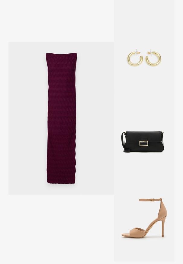 Rochie bordo dintr-un material texturat cu un model ondulat, având un design fără bretele și o margine dreaptă la baza.; ALDO CRERIDE PILLOW WALK - Sandale - beige; Geantă de mână din piele neagră, cu clapetă și un detaliu din metal auriu. Include o curea neagră și un design elegant, minimalist.; Cercei cercuri din aur cu un finisaj neted și strălucitor. Design circular cu un mic suport și un spate transparent pentru o purtare sigură.