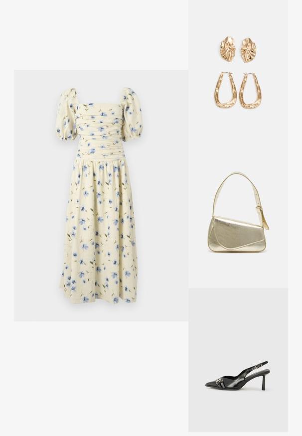 Květinové midi šaty ve světlé žluté barvě s modrými květinovými vzory. Mají balónové rukávy a přiléhavý korzet s nařasenými detaily.; Černá lakovaná slingback obuv s špičatou špičkou, kotníkovými pásky s kovovými sponami a příslušenstvím, a štíhlým podpatkem.; Zlatá metalická kabelka se strukturovaným designem, hladkým povrchem a nastavitelným popruhem. Disponuje unikátním trojúhelníkovým tvarem a minimalistickým prošitím.; Náušnice ve zlatém tónu s texturovanými, vlnitými tvary. Obsahují sochařské klipy a design otevřeného kruhu s kladivkovým povrchem.