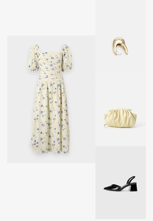 Blomster midi-kjole i lys gul med blå blomstermønstre. Har puffærmer og en tætsiddende overdel med indsamlet detaljering.; Sorte patentlæder slingback hæle med spids tå og en geometrisk blok hæl. Har et elegant, minimalistisk design og en glat tekstur.; Gul plisseret håndtaske lavet af glat kunstlæder, med en blød form, en enkelt skulderrem og samlet topdesign.; Guldtonet metal ørering med et slankt, buet design. Har en karakteristisk spids form, poleret overflade og hængselåbning.