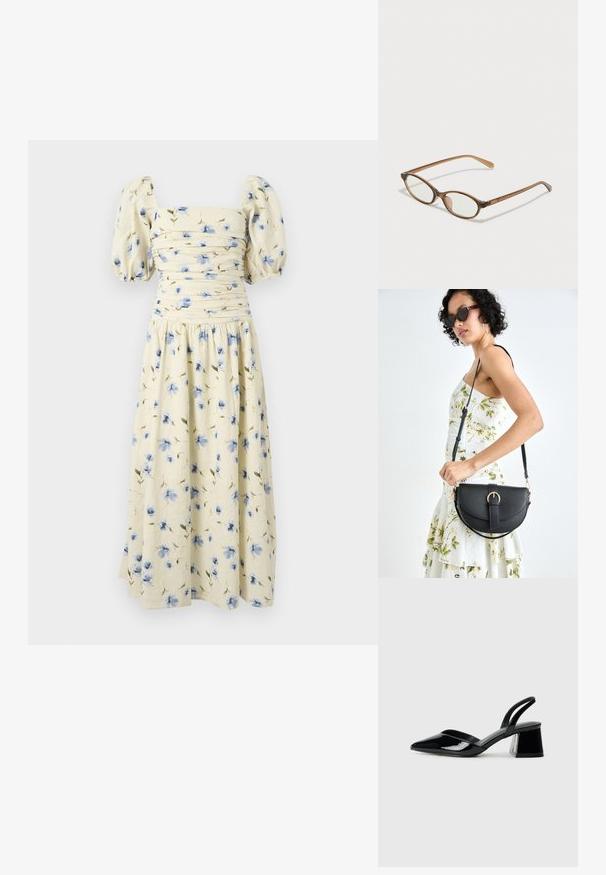 Robe midi fleurie en jaune clair avec des motifs de fleurs bleues. Comprend des manches bouffantes et un corsage ajusté avec des détails froncés.; Escarpins en cuir verni noir avec bout pointu et talon bloc géométrique. Présente un design élégant et minimaliste ainsi qu'une texture lisse.; Lunettes en écaille de tortue marron avec des verres ovales, des branches fines et des accents transparents. Présente un logo subtil sur la branche. Design élégant et léger.; Sac à main en cuir noir avec une forme courbée, bandoulière amovible et des accessoires en or. Le sac est doté d'un rabat avec un détail de boucle.