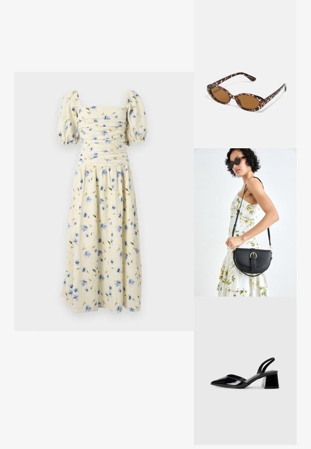 Robe midi fleurie en jaune clair avec des motifs de fleurs bleues. Comprend des manches bouffantes et un corsage ajusté avec des détails froncés.; Escarpins en cuir verni noir avec bout pointu et talon bloc géométrique. Présente un design élégant et minimaliste ainsi qu'une texture lisse.; Lunettes de soleil en écaille de tortue avec des verres ovales, teintés de marron, branches fines avec un motif texturé, monture en plastique légère.; Sac à main en cuir noir avec une forme courbée, bandoulière amovible et des accessoires en or. Le sac est doté d'un rabat avec un détail de boucle.