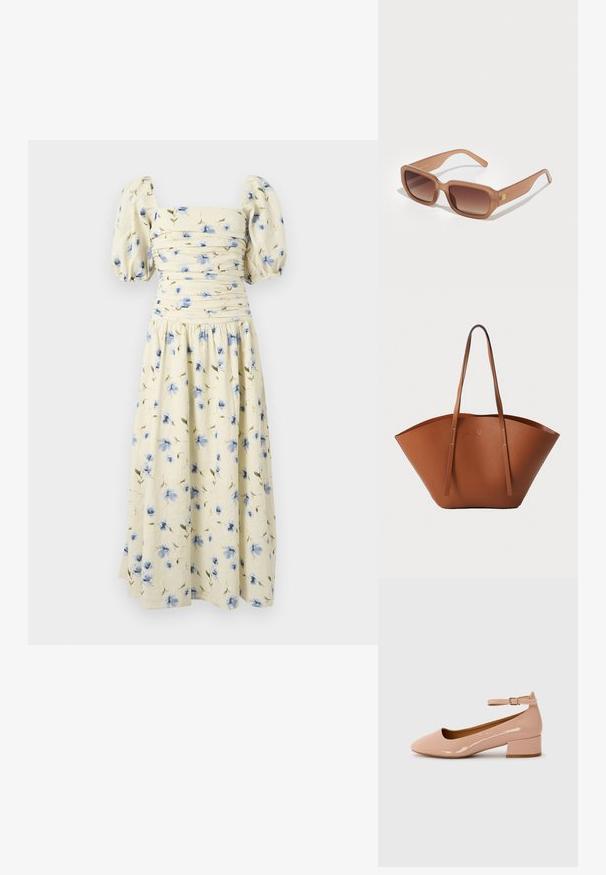 Blomster midi-kjole i lys gul med blå blomstermønstre. Har puffærmer og en tætsiddende overdel med indsamlet detaljering.; Patentlakerede lyserøde flade sko med rund tå, ankelstrop og lav blokhæl. Glat tekstur og minimalistisk design.; Brune rektangulære solbriller med gradientlinser, tykke stel og logo-detalje på siden. Glat plastmateriale, minimal design.; Brun læder tote-taske med en bred, struktureret form, tynde håndtag og en tekstureret overflade. Har et minimalistisk design uden synligt hardware.