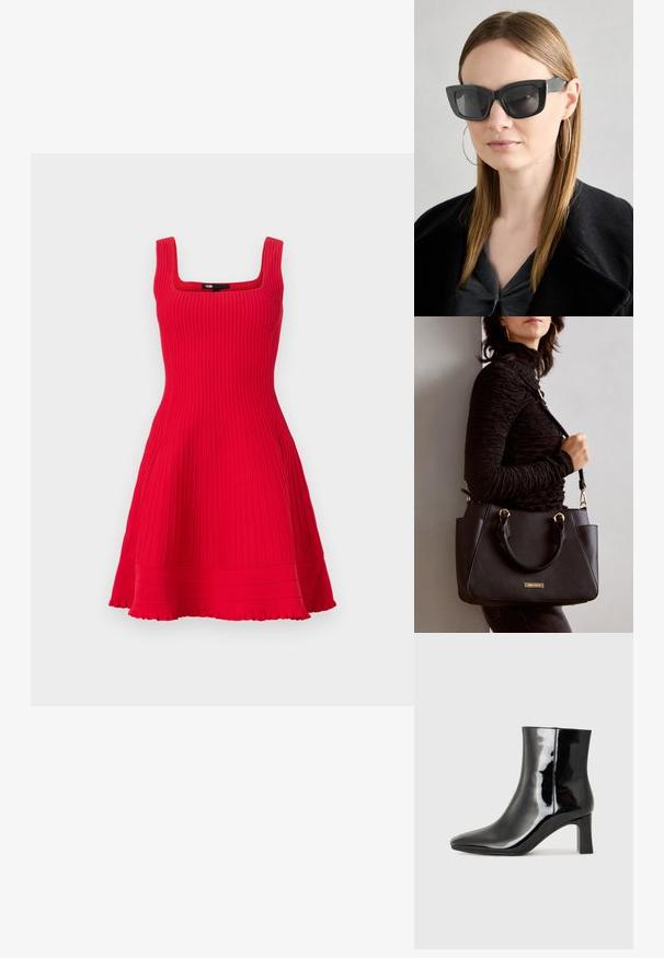Maje RUTELL - Abito in maglia - rouge; Stivaletto in pelle verniciata nera con punta a punta e tacco a blocco di altezza media. Texture liscia e design minimalista.; Occhiali da sole a forma di occhio di gatto neri con lenti scure, montatura spessa e dettagli sottili. Indossati con un cappotto nero e una maglia grigia, con capelli lunghi e lisci.; Borsa nera con superficie texturizzata, manici superiori doppi e tracolla regolabile. Dotata di hardware color oro e tasche laterali.