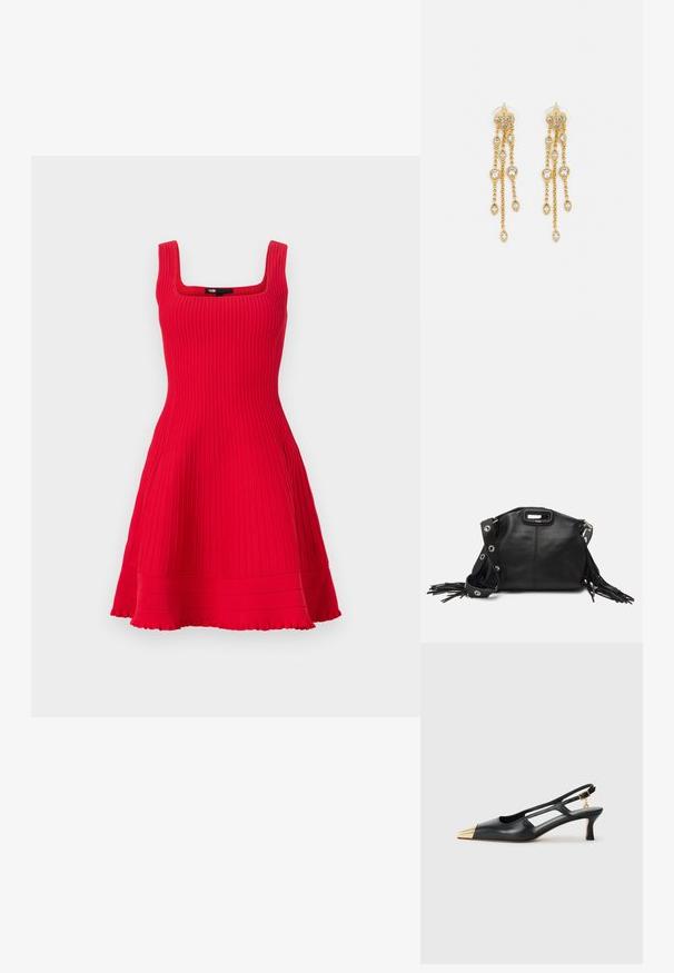 Maje RUTELL - Strikket kjole - rouge; Svarte skinn slingback-sko med spiss tå og gullmetallhette. Har utskjæringsdesign og en slank hæl med justerbar stropp.; Maje MISS MINI - Skulderveske - noir; Gullfargede øreringer med flere hengende kjeder, med klare ovale rhinestein aksenter og dekorative stud-topper.