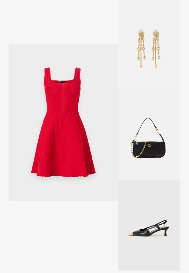 Maje RUTELL - Sarafanas - rouge; Juodas odinis slingback batelis su smailiu pirštu ir auksine metaline nose. Pasižymi išpjovimo dizainu ir plonu kulnu su reguliuojamu dirželiu.; Juoda rankinė su lygiu paviršiumi, turinti auksinį grandinėlės diržą, užtrauktuko uždarymą ir dekoratyvinį auksinį emblemos ženklą priekyje.; Aukso spalvos auskarai su keliais kaskadiniais grandinėlėmis, su skaidriais ovaliais kristalų akcentais ir dekoratyviniais auskarų priekiais.
