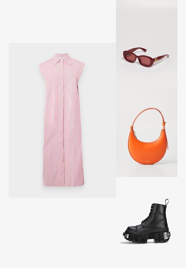 Röd och vit randig ärmlös klänning med krage, helängdsdesign och knappslå framme. Har två sidofickor.; Svart läderkampskor med hög topp, rund tå, tjock strukturerad sula, silverdetaljer och ett distinkt mönster på sulan.; Röda plastsolglasögon med rektangulära bågar, tonade linser och en gyllene logotypaccent på skalmarna. Slät, glänsande yta.; Orange läderhandväska med halvmåneform, smal rem och guldiga detaljer. Har dragkedjestängning och präglat varumärke på framsidan.