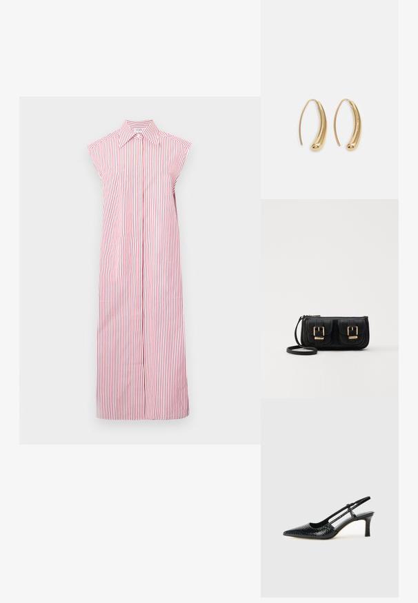 Červeno-biele pruhované šaty bez rukávov s golierom, dlhý strih a predným zapínaním na gombíky. Obsahujú dve bočné vrecká.; Čierne patentové slingback topánky na ihlovom podpätku s špicatou špičkou, s textúrovaným hadím vzorom, nastaviteľným popruhom a krátkym, textúrovaným blokovým podpätkom.; Čierna kožená crossbody taška s dvoma prednými vreckami, zlatými sponami, zipsovým uzatváraním a úzkym popruhom. Štruktúrovaný povrch a kompaktný obdĺžnikový tvar.; Náušnice vo forme zlatých kovových kruhov s zakriveným, predĺženým tvarom. Majú hladký, lesklý povrch a zaoblený koniec pre pridanie detailu.