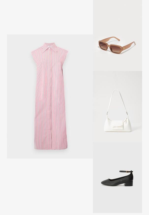 Robe sans manches rayée rouge et blanche avec un col, design long et patte de boutonnage à l'avant. Comprend deux poches latérales.; Escarpin en cuir noir avec un bout pointu et un petit talon bloc. Doté d'une bride de cheville avec une boucle dorée. Texture lisse.; Lunettes de soleil rectangulaires brunes avec des verres dégradés, des montures épaisses et un détail de logo sur le côté. Matériau en plastique lisse, design minimaliste.; Sac à main synthétique blanc en forme triangulaire, avec un rabat avant plat et un détail en nœud, une bandoulière ajustable, une texture lisse et un design minimaliste.