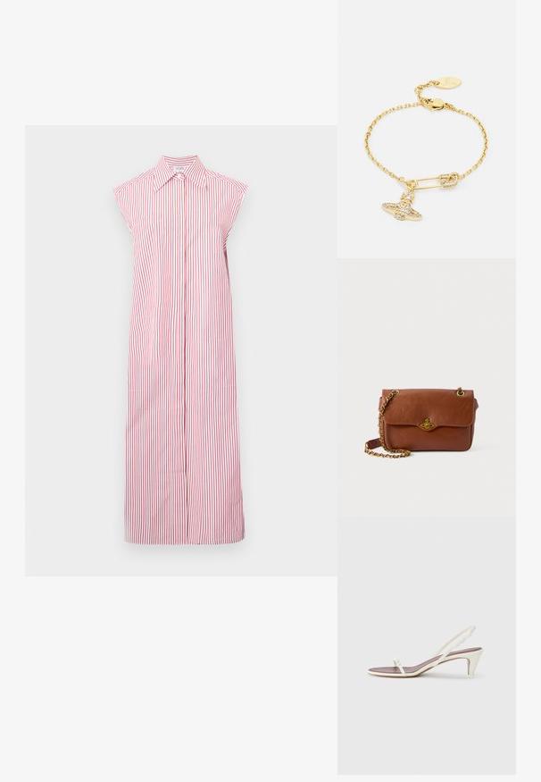 Piros és fehér csíkos ujjatlan ruha, galléros nyakkal, teljes hosszúságú kialakítással és elülső gombsorttal. Két oldalzsebbel rendelkezik.; Fehér, pántos szandál enyhe sarokkal, vékony pántokkal és sima bőr textúrával; kis díszítő csattal rendelkezik.; Barna bőr keresztpántos táska hajtószorítással, arany színű fémrészekkel és lánc pánttal. Simább textúra, téglalap alakú, minimális díszítéssel.; Arany színű karkötő, lánc formájú dizájnnal, biztonsági tű medállal és csillogó masnis részlettel díszítve. Kattintós zárással és logócímkével ellátva.