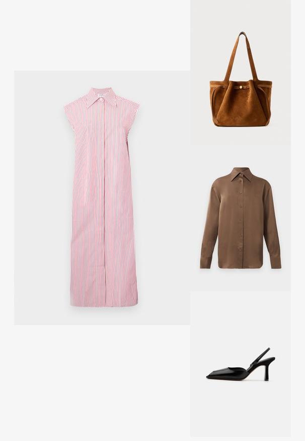 Piros és fehér csíkos ujjatlan ruha, galléros nyakkal, teljes hosszúságú kialakítással és elülső gombsorttal. Két oldalzsebbel rendelkezik.; Barna, hosszúujjú, gombos ing, hegyes gallérral és mandzsettákkal, egyszerű fehér háttér előtt kiemelve.; Fekete bőr szandál sarkú cipő hegyes orral, minimalist designnal, vékony bokapánttal és karcsú tűsarkúval. Sima textúra.; Barna velúr tote táska, dupla fogantyúval, gombos záródással és laza, enyhén ülepedett formával.