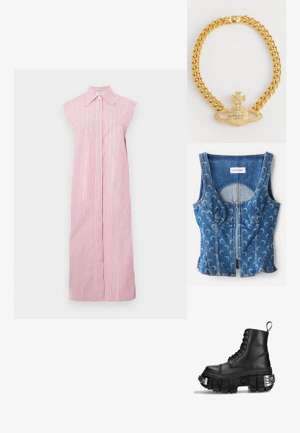 Rood en wit gestreepte mouwloze jurk met een kraaghalslijn, full-length ontwerp en een knopenlijn aan de voorkant. Bevat twee zijzakken.; Denim crop top met een rits aan de voorkant, gebogen naaddetails en een herhaald kruisvormig patroon in lichtblauw op een donkerblauwe basis.; Zwarte leren combatboot met hoge schacht, ronde neus, dikke gestructureerde zool, zilveren hardware-accenten en een kenmerkend profielpatroon.; Oranje leren handtas met een halve maanvorm, slanke schouderband en gouden hardware. Beschikt over een rits sluiting en een gegraveerde merknaam op de voorkant.; Gouden ketting met een centraal hanger in de vorm van een koepel, met een kruisaccent en heldere rhinestones verspreid over de hele ketting.