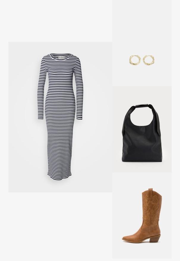 Ilgu piedurkņu pieguļošs kleita ar tumši zilu un baltu horizontālu svītru rakstu. Kokvilnas ribotais materiāls, apaļa kakla izgriezums un potītes garuma dizains.; Brūni ādas kovboju zābaks ar norādītu purngalu, izšūtām viļņveida apakšējo detaļu un sakrautajiem blokiem. Iezīmēts ar velkšanas cilpu ērtai uzvilkšanai.; Melnas ādas rokassoma ar plašu atvērtu augšu un vienu plecu siksnu. Mīksta tekstūra, minimāls dizains, ar smalkiem metāla aksesuāriem.; Zelta riņķveida auskari ar tekstūru un neregulāru formu. Iekļauj bezšuvju aizdari un pulētu virsmas apdari, uzsverot mūsdienīgu dizainu.