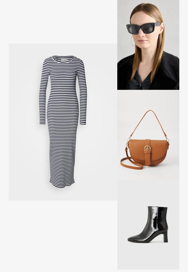 Langermet, tettsittende kjole med marineblå og hvite horisontale striper. Ribbestrikket bomullsmateriale, rund halslinje og ankellang design.; Sorte patentlær ankle boot med spiss tå og en mellomhøy blokkhelt. Glatt tekstur og minimalistisk design.; Sorte katteøyne solbriller med mørke linser, tykke rammer og subtile detaljer. Båret med en svart frakk og grå topp, med langt, rett hår.; Brun lærcrossbody-veske med en buet form, gullhardware og et spenneakcent. Har en avtakbar skulderreim.