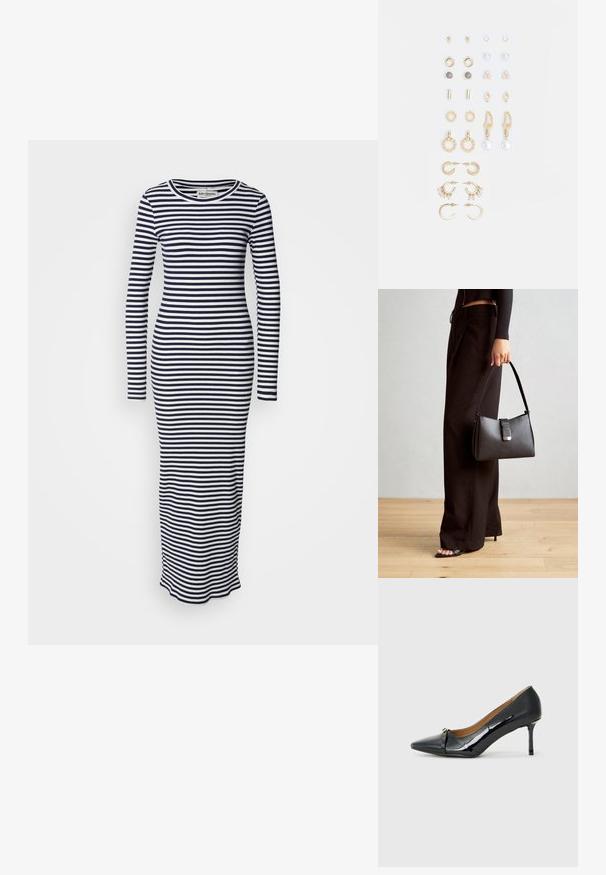 Hosszú ujjú, testhezálló ruha tengerészkék és fehér vízszintes csíkokkal. Pamut bordás anyag, kerek nyakkivágás és bokáig érő fazon.; Fekete lakkbőr magassarkú cipő hegyes orral, díszes pánttal elöl, és vékony stiletto sarokkal.; Fekete kézi táska strukturált formával, sima textúrával és fémből készült záródással. Széles fekete nadrággal és nyitott orrú szandállal párosítva, fából készült padlón.; Arany tónusú fülbevalók szettje, amely különféle mintákat tartalmaz, beleértve a stift fülbevalókat, karikákat és gyöngyökkel és strasszokkal díszített hosszú fülbevalókat.