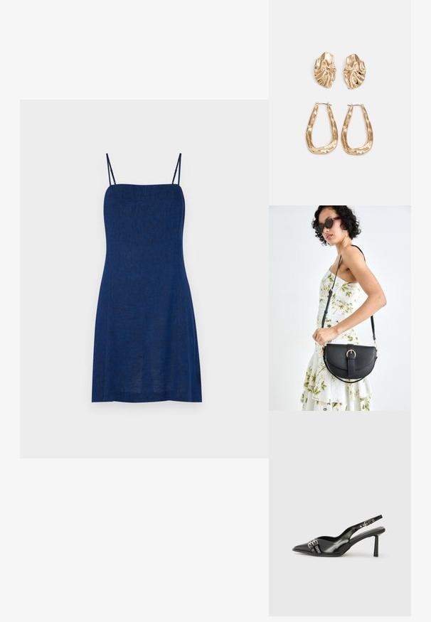 Navy blue sleeveless dress with thin straps, made of textured fabric, featuring a fitted bodice and flared skirt. Minimalist design.; Black patent leather slingback shoe with pointed toe, ankle straps featuring silver buckles and hardware, and a slender heel.; Black leather handbag with a curved shape, detachable strap, and gold hardware. The bag features a flap with a buckle detail.; Gold-tone earrings featuring textured, wavy shapes. Includes sculptural clip-on studs and open hoop design with a hammered finish.