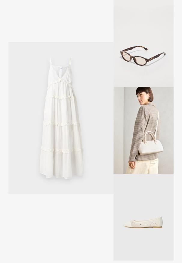 Bijela maxi haljina s dubokim V-izrezom, tankim naramenicama i višeslojnim volanima duž donjeg ruba. Izrađena od lagane, lepršave tkanine za udobnost.; Balerina s izduženim vrhom od krem kože s prozirnim gornjim dijelom i raspršenim rhinestones. Mekana potplat za udobnost, minimalistički dizajn.; Naocale u obliku sunca s kornjačevinom i okruglim oblikom, laganim lećama. Imaju čvrste ručke s malim zlatnim detaljima, izrađene od plastičnog materijala.; Bijela strukturna torba s kratkim ručkama i remenom za rame, s zlatnim metalnim detaljima i teksturiranim materijalom, prikazana na sivoj pozadini.