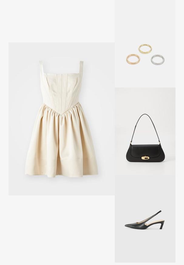 Kremowa sukienka z kwadratowym dekoltem, dopasowaną górą z fałdami oraz rozkloszowaną spódnicą, uszyta z gładkiego materiału. Regulowane ramiączka.; Czarny but na obcasie typu slingback z ostro zakończonym noskiem, z niskim obcasem, wykonany z gładkiej skóry, z wycięciem po boku dla lepszej wentylacji.; Czarna skórzana torebka o zaokrąglonym kształcie, z metalowymi elementami w kolorze złotym i górnym uchwytem. Posiada eleganckie zapięcie i gładką fakturę.; Trzy metalowe pierścienie: jeden w różowym złocie, jeden złoty z teksturowanymi akcentami, oraz jeden srebrny, wszystkie z wygrawerowanym brandingiem na wewnętrznej stronie.
