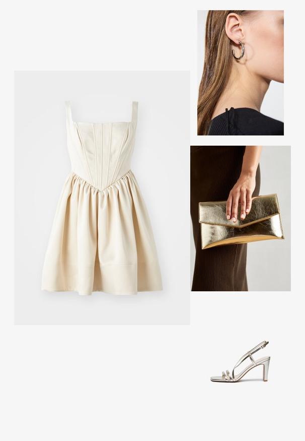 Kremfarget kjole med firkantet utringning, tettsittende liv med plisseringer og samlet skjørt, laget av glatt stoff. Justerbare skulderstropper.; Metallisk sølv høye hæler sandal med åpen tå, med tre tynne stropper over foten og en ankelstropp med spenne.; Gull metallisk clutch-veske med en glatt tekstur, som har en trekantet klaffelukking. Hånden som holder den har pent manikyrte negler.; Sølv ringøredob med en polert finish, med små gull detaljer og en rund form, båret på øreflippen.