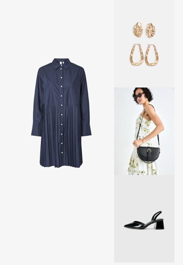 Sötétkék ingruha, gallérral, teljes hosszúságú ujjak, gombos elülső rész és pliszírozott szoknya rész. Simaságot sugárzó anyagból, strukturált kialakítással készül.; Fekete lakk bőr szandálkés magas sarkú cipő, hegyes orral és geometrikus tömbsarkakkal. Karcsú, minimalista dizájn és sima textúra jellemzi.; Fekete bőrtáska ívelt formával, levehető pánttal és arany színű fémrészekkel. A táskán egy csattal díszített fedél található.; Aranyszínű fülbevalók, texturált, hullámos formákkal. Tartalmazza a szobrászati klipszes studokat és az open hoop kialakítást, kalapácsos felülettel.