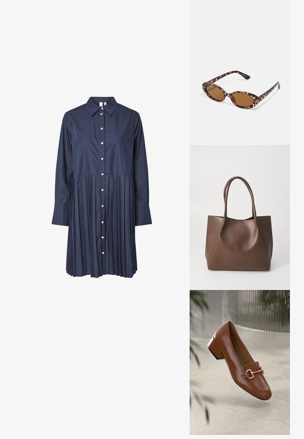Sötétkék ingruha, gallérral, teljes hosszúságú ujjak, gombos elülső rész és pliszírozott szoknya rész. Simaságot sugárzó anyagból, strukturált kialakítással készül.; Barna lakkbőr loaferek négyzet alakú orral, fém lánc díszítéssel és alacsony blokk sarkú kialakítással; sima textúra, minimalista design.; Teknősbéka mintás napszemüveg, ovális lencsékkel, barna árnyalatú, vékony karokkal, amelyek texturált mintával rendelkeznek, könnyű műanyag keret.; Barna bőr tote táska két hosszú fogantyúval, strukturált alakú, sima felületű és minimalista dizájnnal. Nincs látható fémrész vagy díszítés.